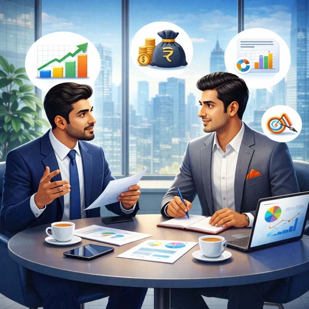 Business discussion with city backdrop