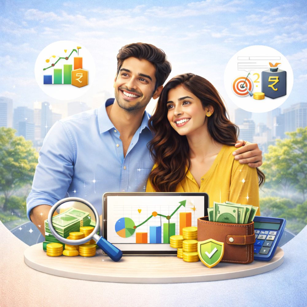 Couple with finance and growth symbols